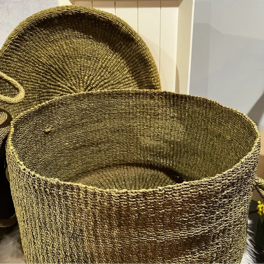 NEW Pottery Barn Round Woven Floor Nesting Storage Baskets Raffia Wicker LG Set